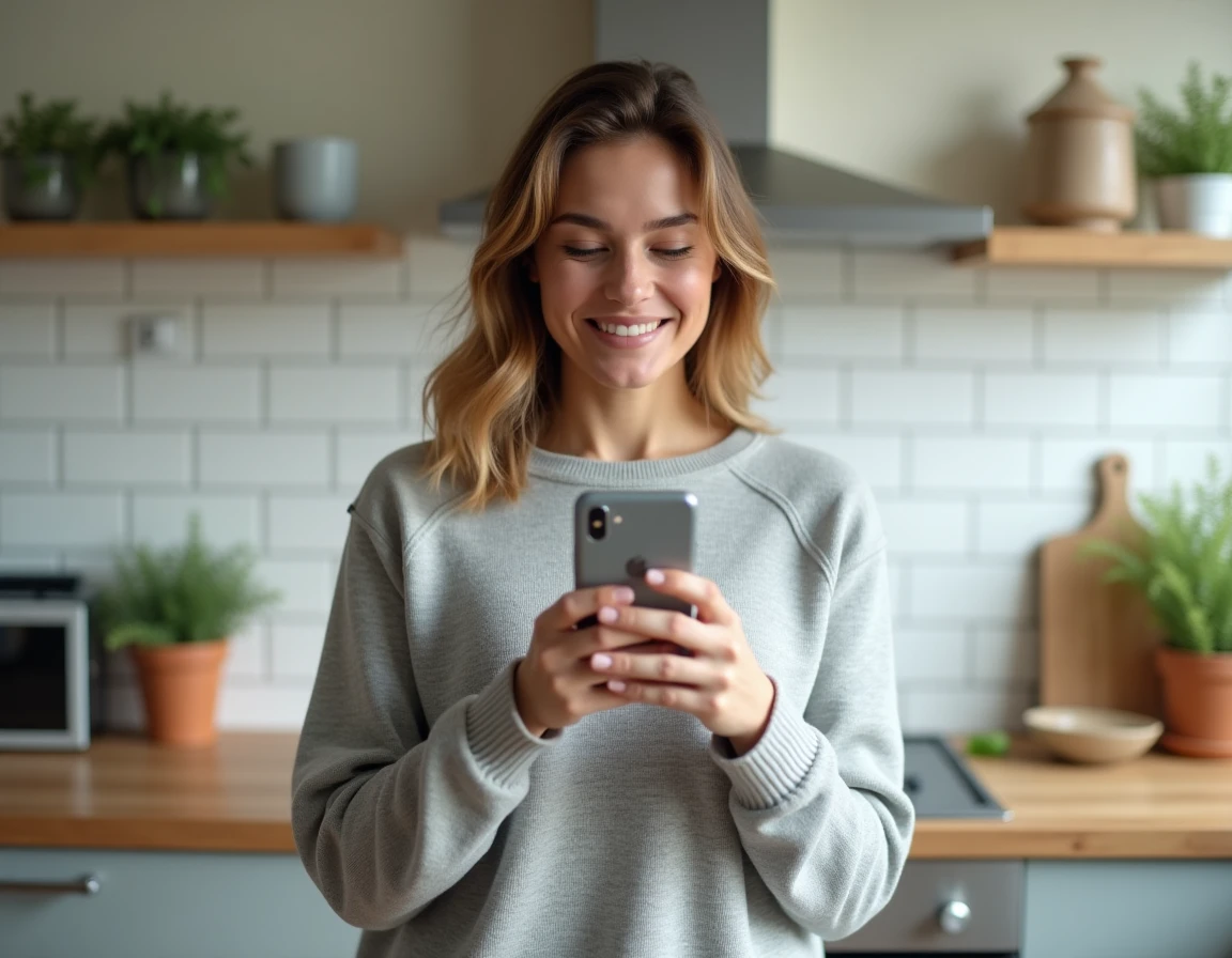 Femme utilisant PayPal sur smartphone dans une cuisine moderne pour effectuer un paiement mobile