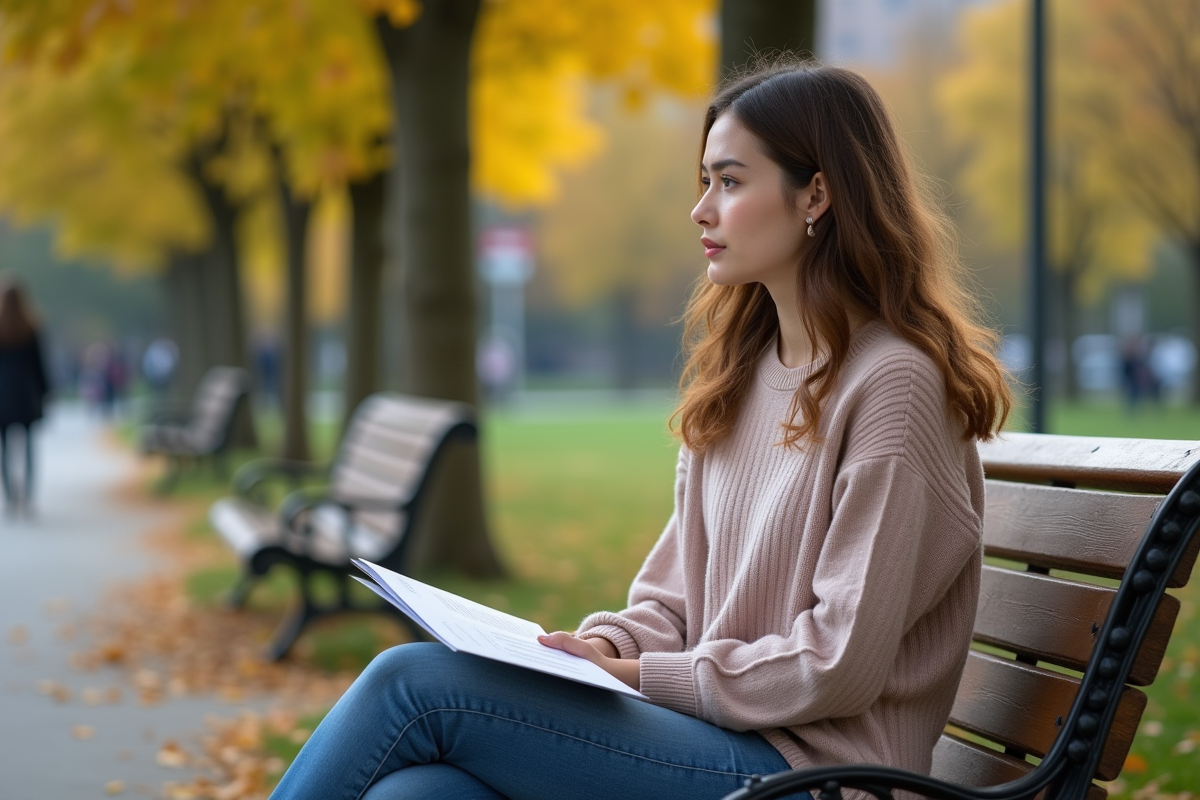 Jeune femme assise dans un parc avec un CV sur ses genoux