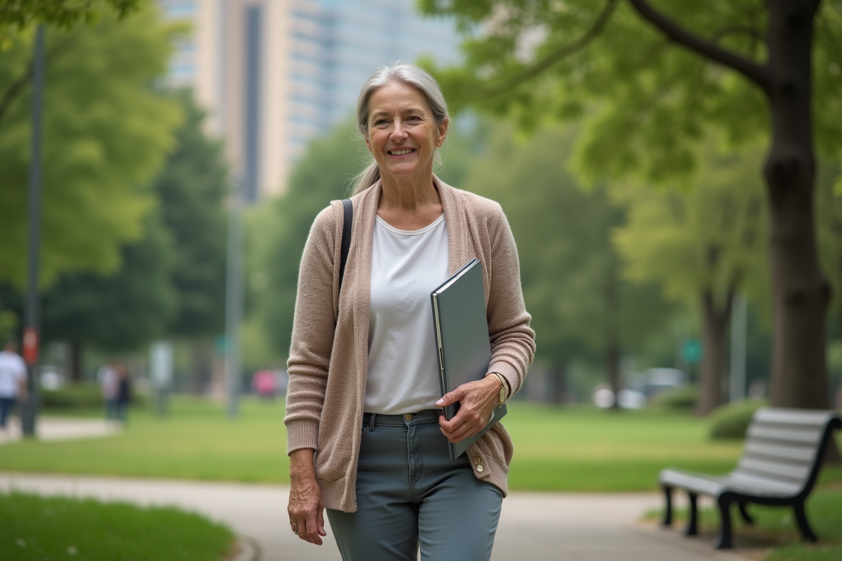 Femme âgée marchant dans un parc urbain en souriant