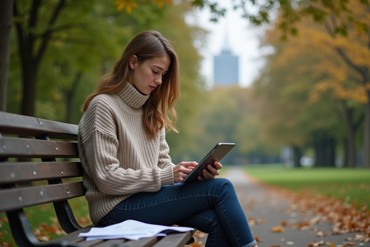 Jeune femme dans un parc regardant sa tablette avec inquiétude