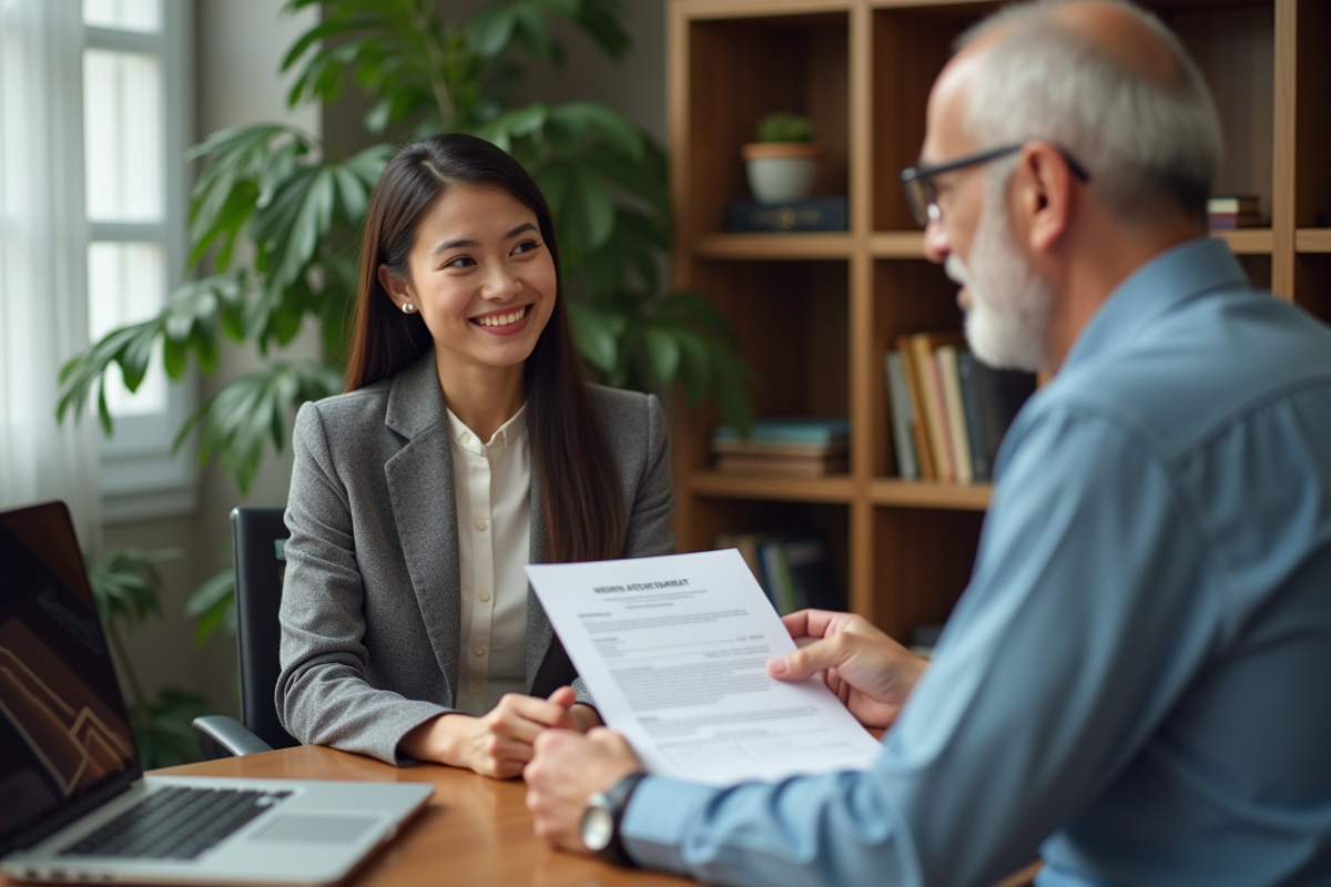 Jeune femme présentant un contrat de pret à un homme dans un bureau