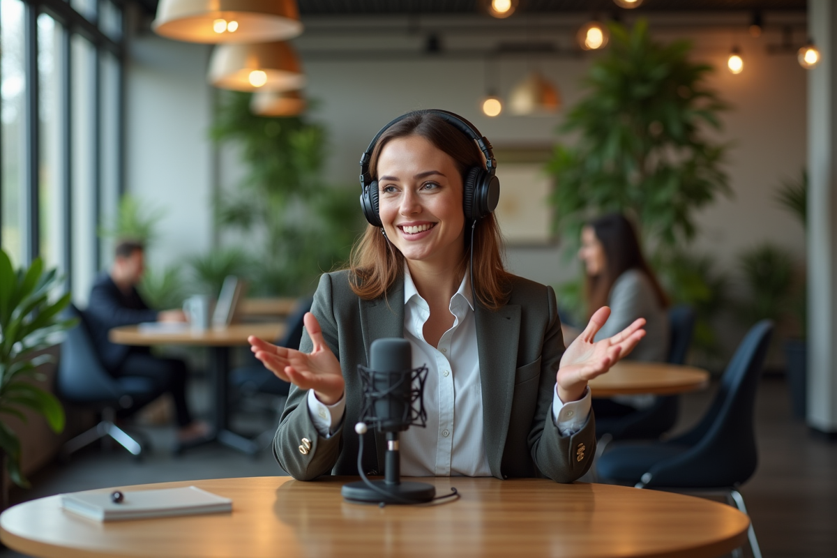 Femme présentant un épisode de podcast dans un espace coworking