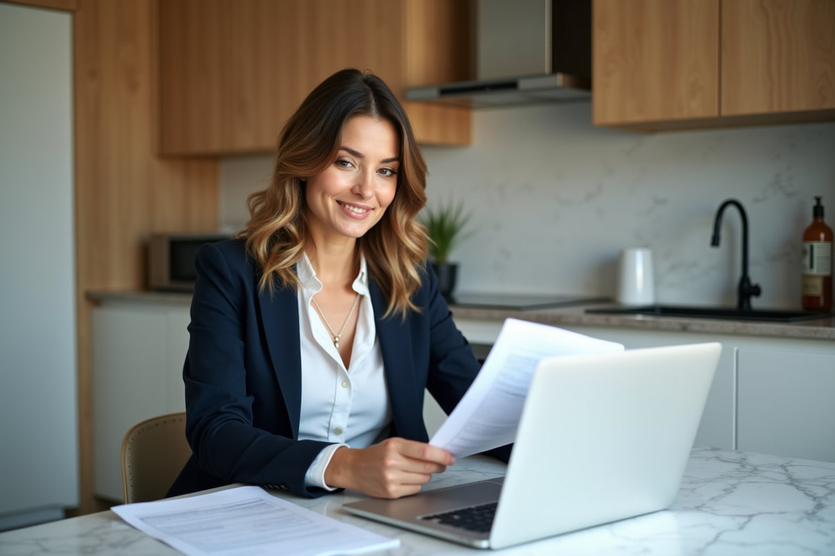 Femme en costume examinant documents de prêt immobilier