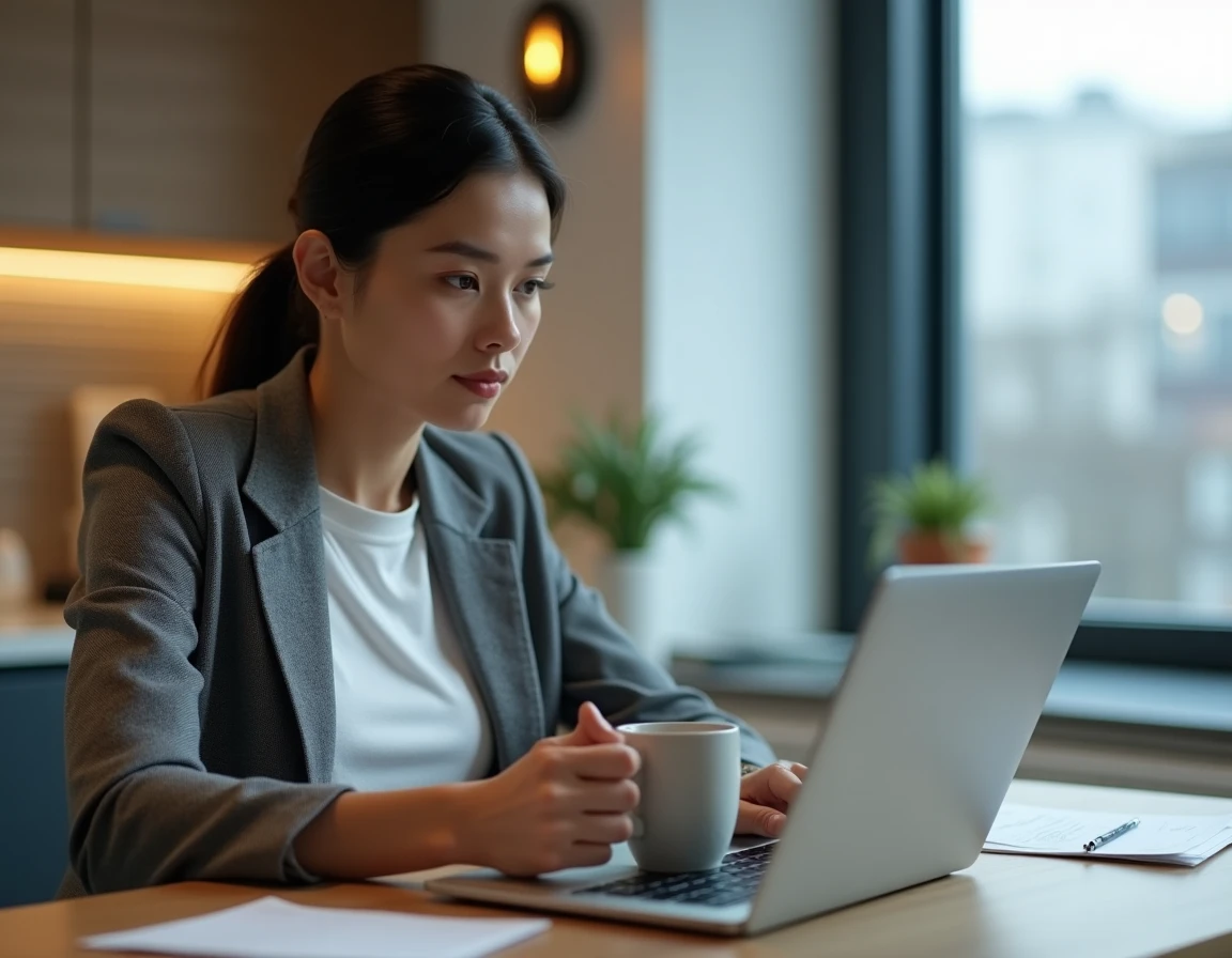 Femme consultant une offre de prêt trésorerie en ligne sans justificatif depuis son domicile