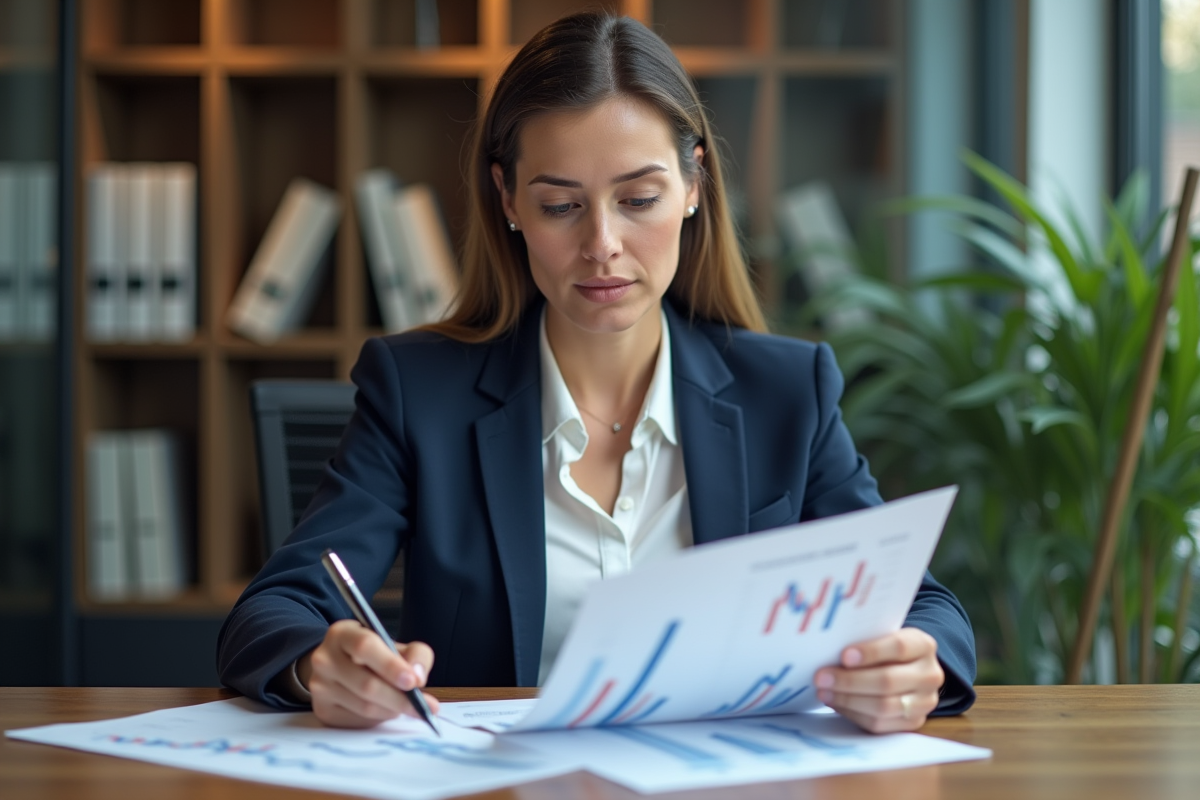 Femme d'affaires en réunion avec documents financiers