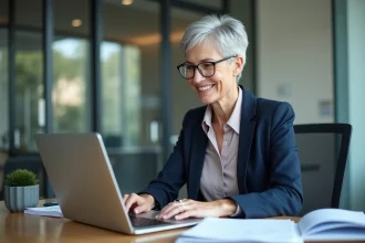 Femme professionnelle souriante au bureau moderne