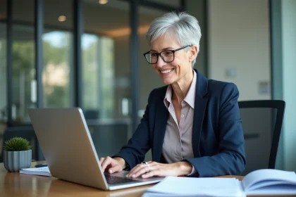 Femme professionnelle souriante au bureau moderne