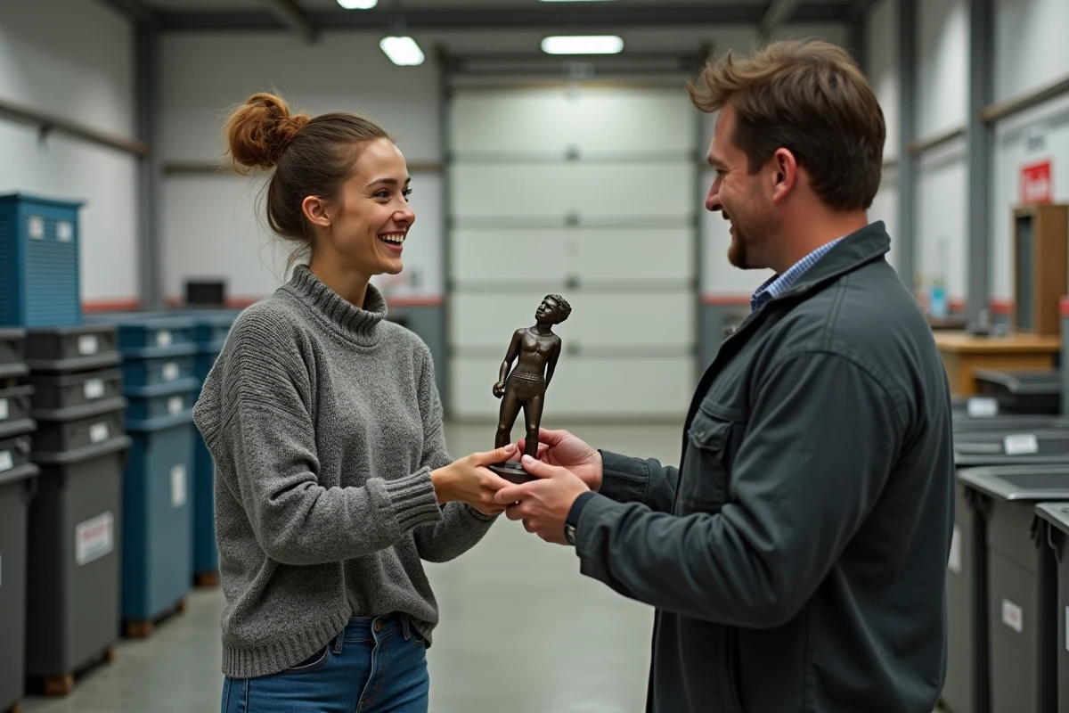 Femme donnant une sculpture en bronze au recyclage