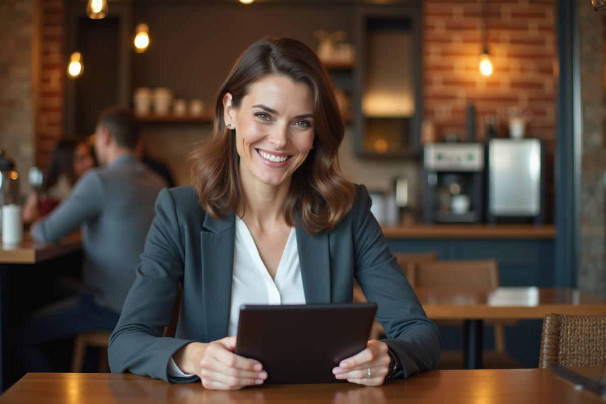 Femme confiante en réunion en ligne dans un café chaleureux