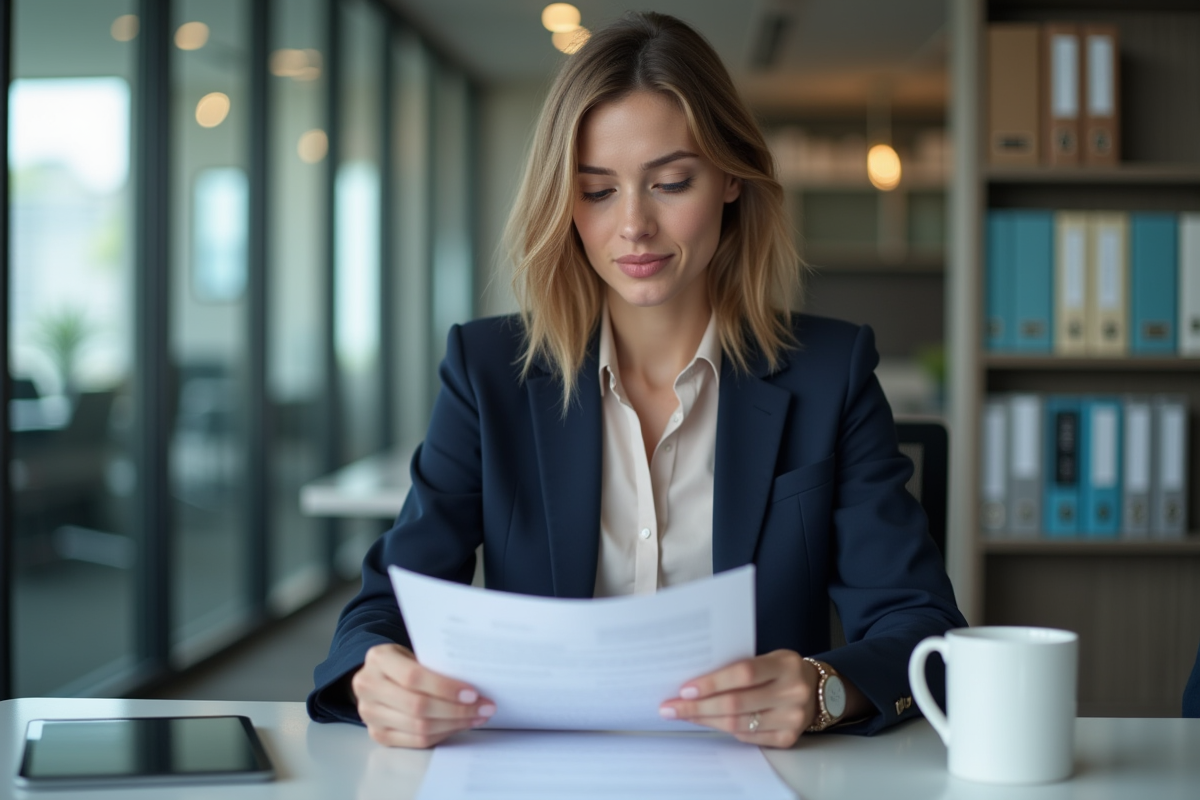 Femme en blazer bleu examine un contrat financier dans un bureau