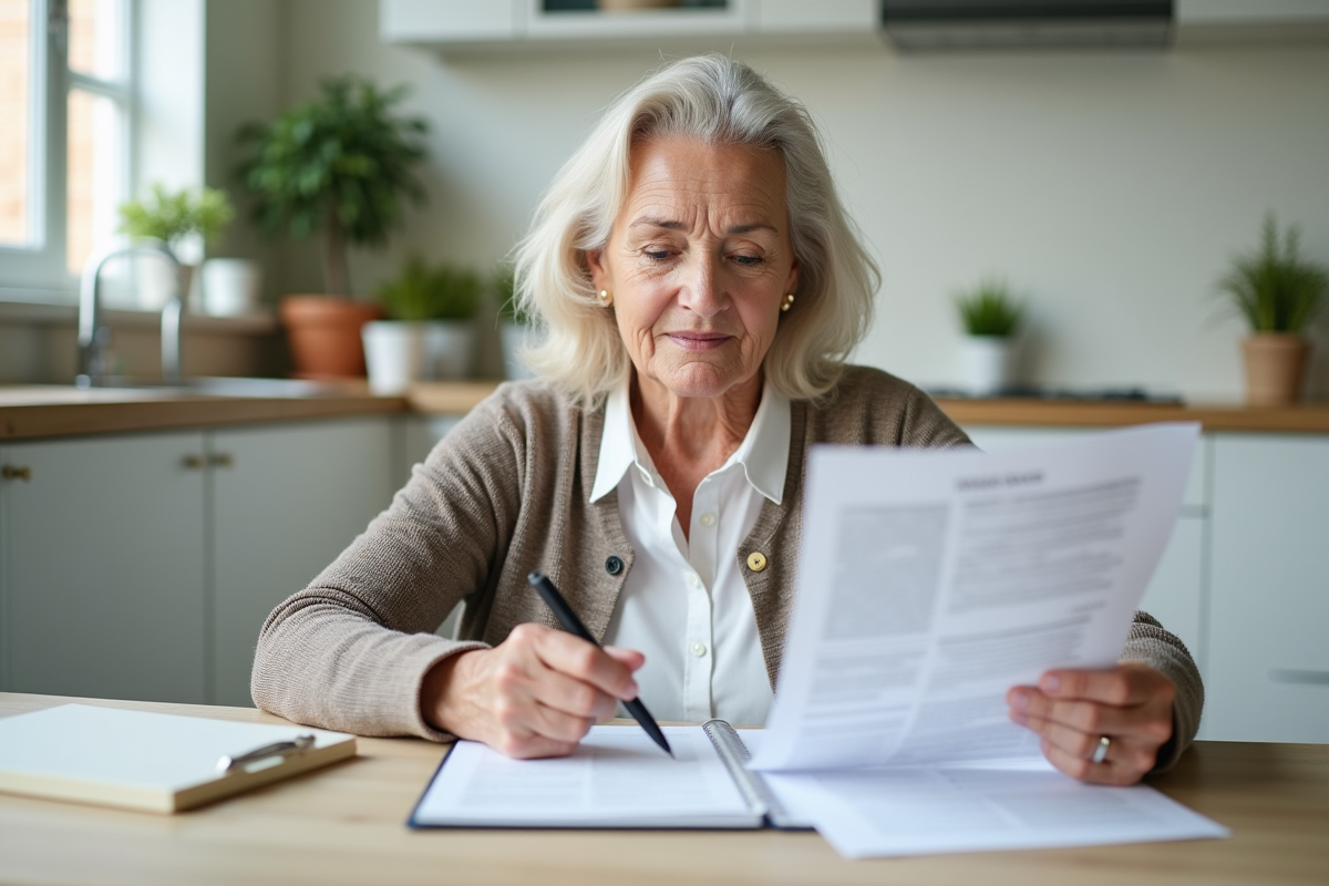 Femme âgée examinant des formulaires d