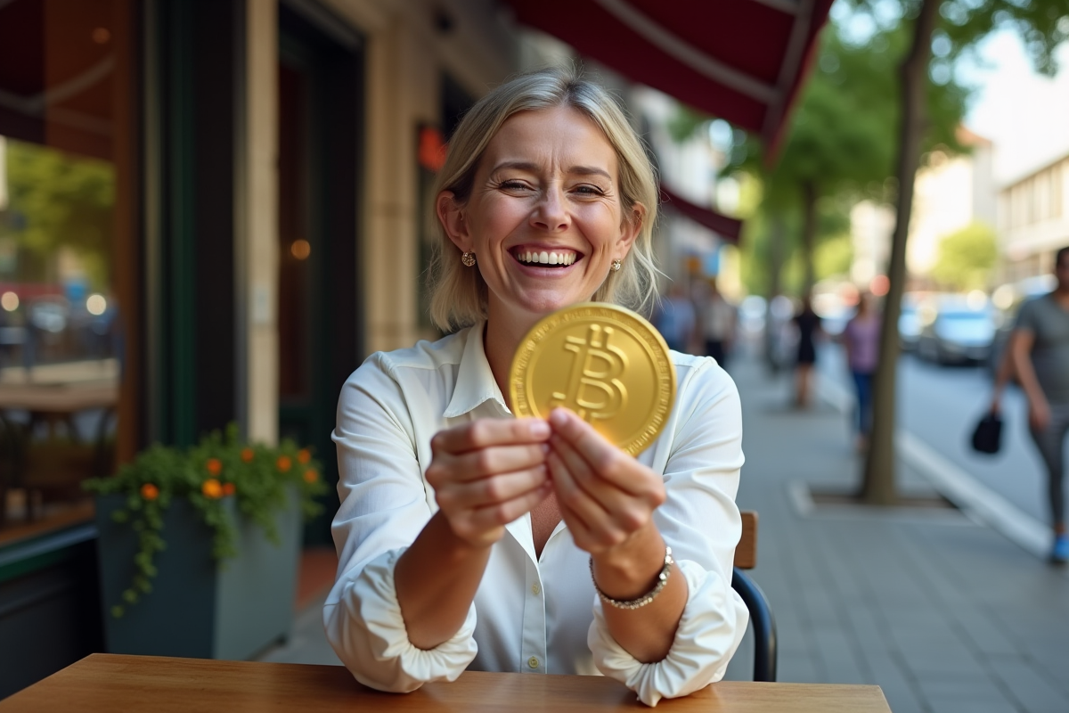 Femme souriante tenant un bitcoin dans un café en plein air