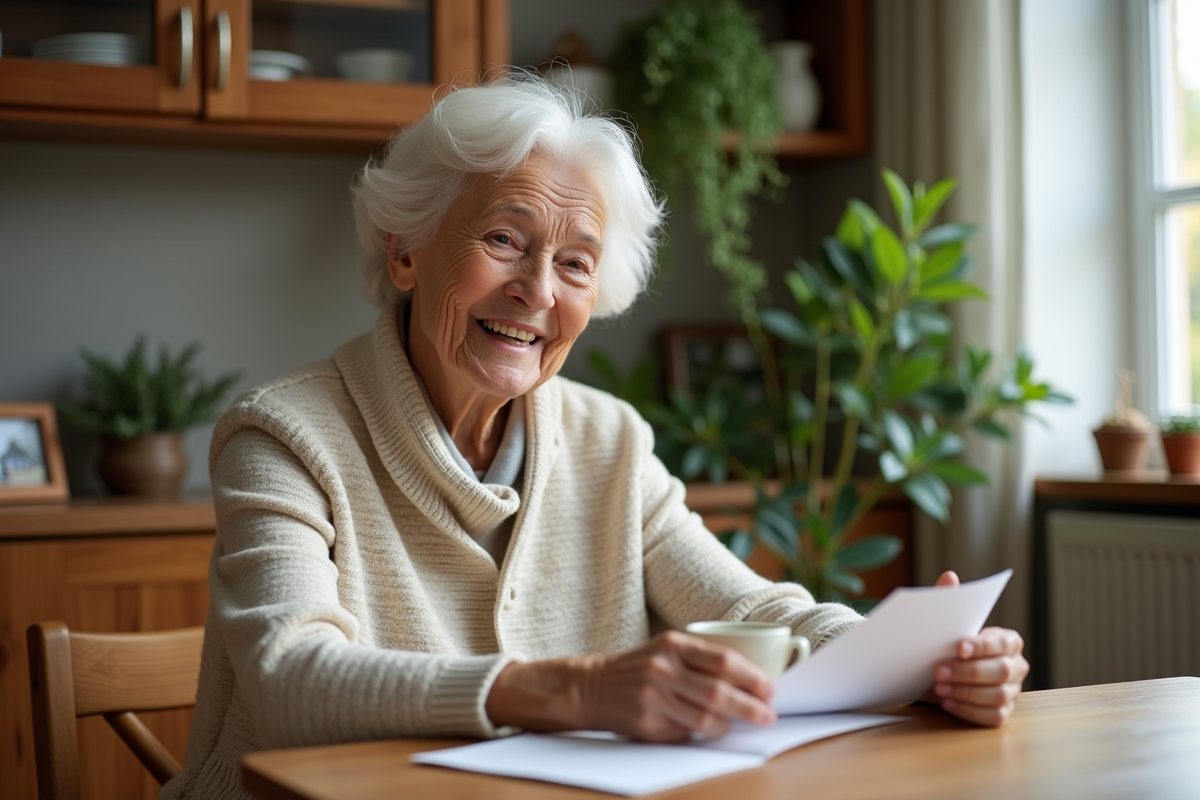Femme senior souriante lisant une lettre avec une tasse de thé