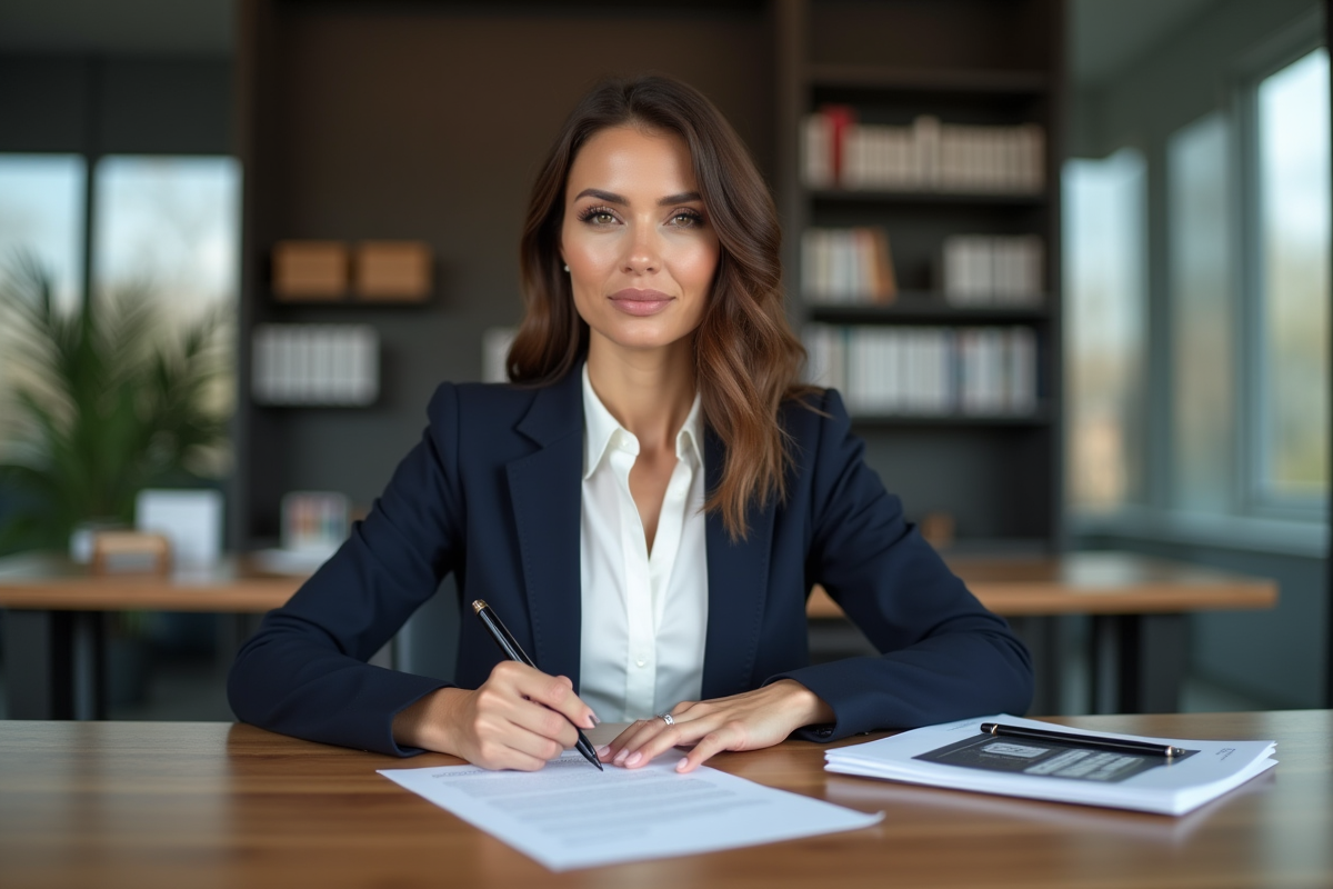 Femme professionnelle signant un document de prêt immobilier