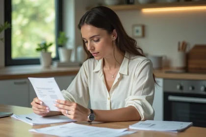 Femme en tenue casual v&eacute;rifiant ses relev&eacute;s bancaires &agrave; la maison