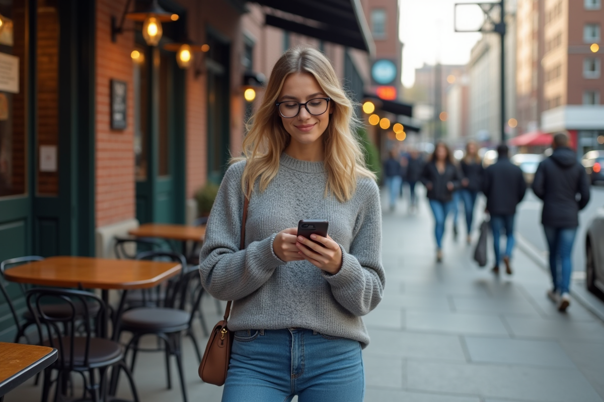 Jeune femme dehors montrant son portefeuille Bitcoin sur smartphone