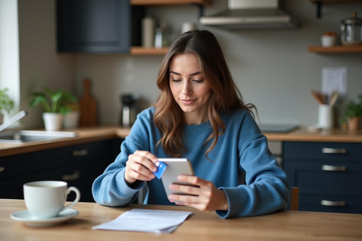 Jeune femme utilisant son smartphone avec une carte prépayée dans une cuisine moderne