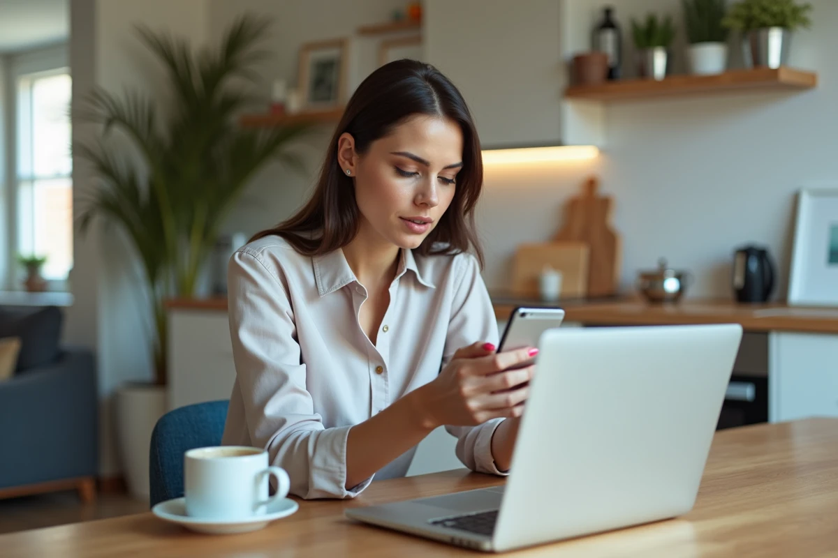 Femme concentrée utilisant son smartphone dans la cuisine moderne