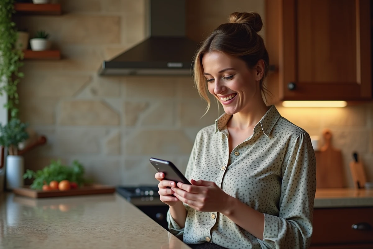 Femme souriante utilisant son smartphone en cuisine