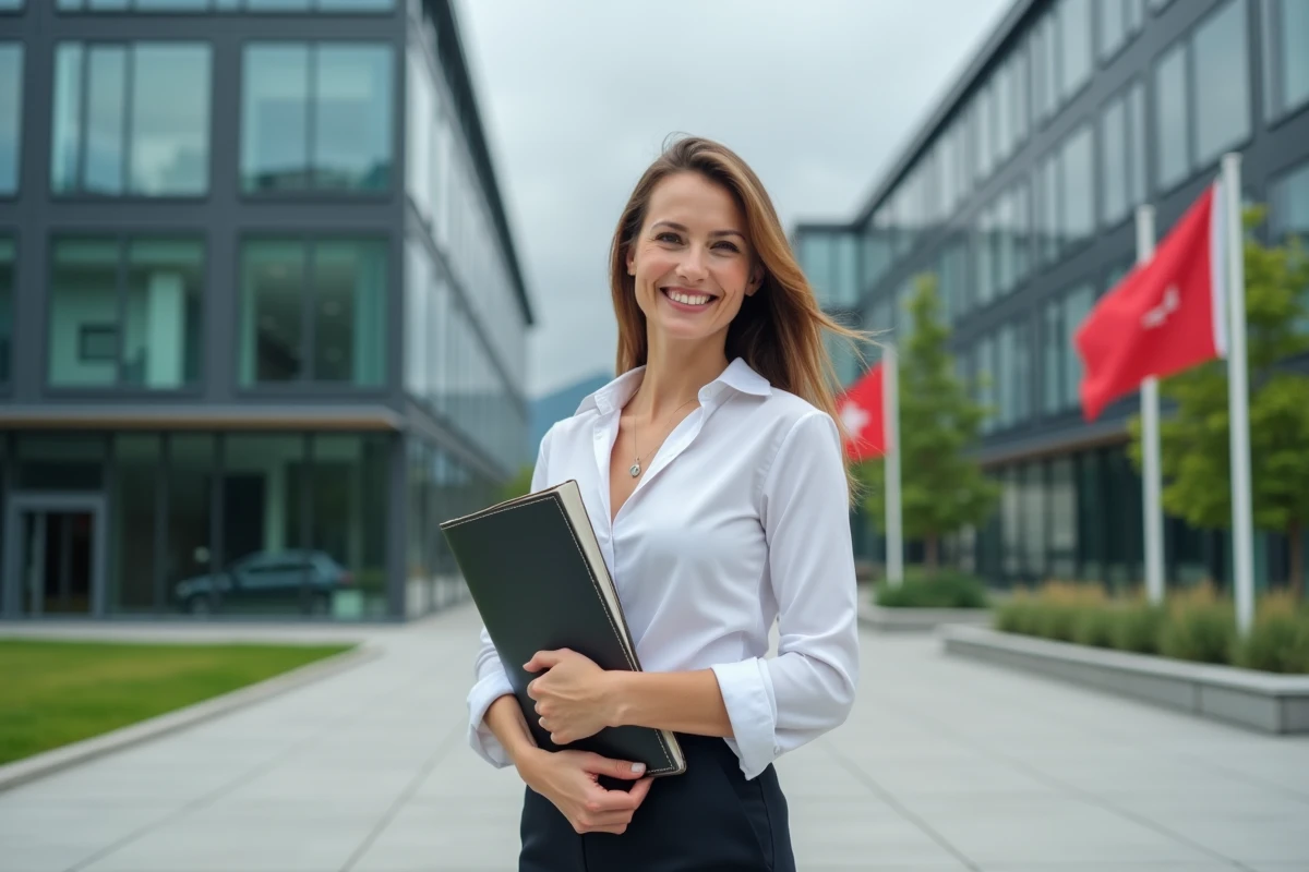 Femme suisse souriante devant un b&acirc;timent moderne en ville