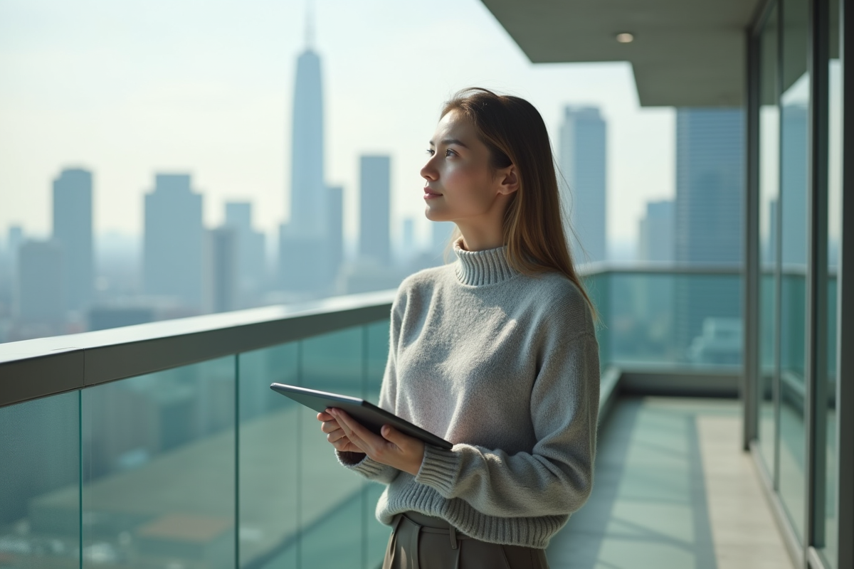 Jeune femme contemplant la skyline urbaine avec une tablette