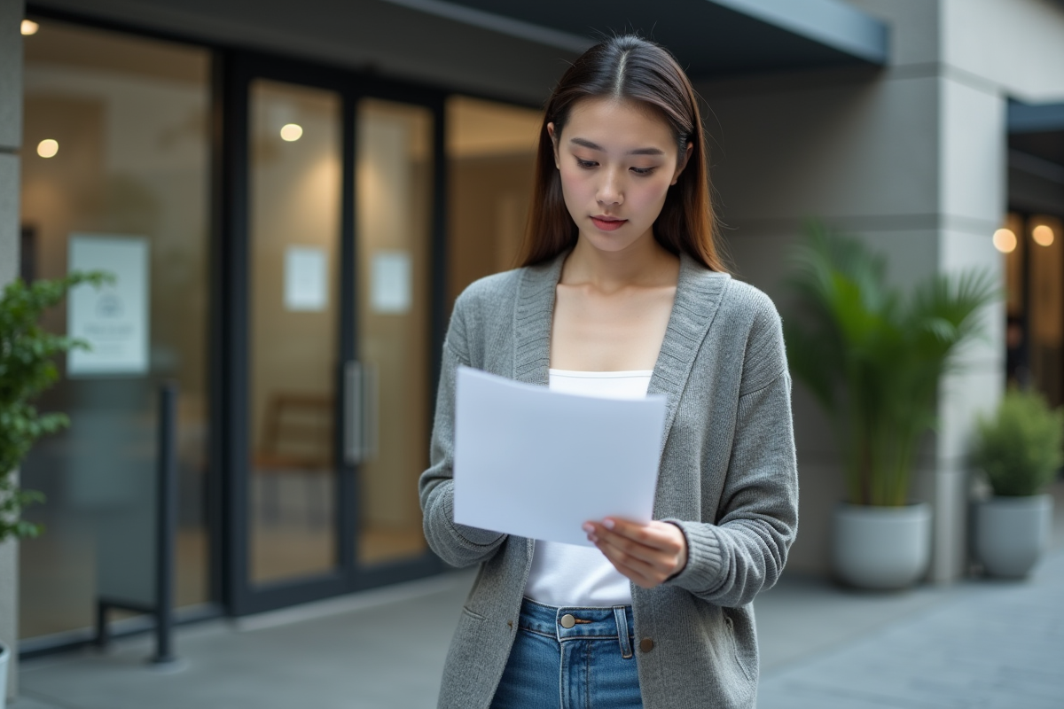Jeune femme urbaine examinant des documents dehors
