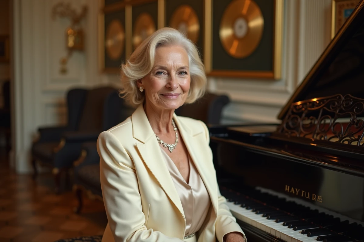 Femme élégante assise devant un piano dans un salon parisien luxueux, référence au patrimoine artistique de Sylvie Vartan
