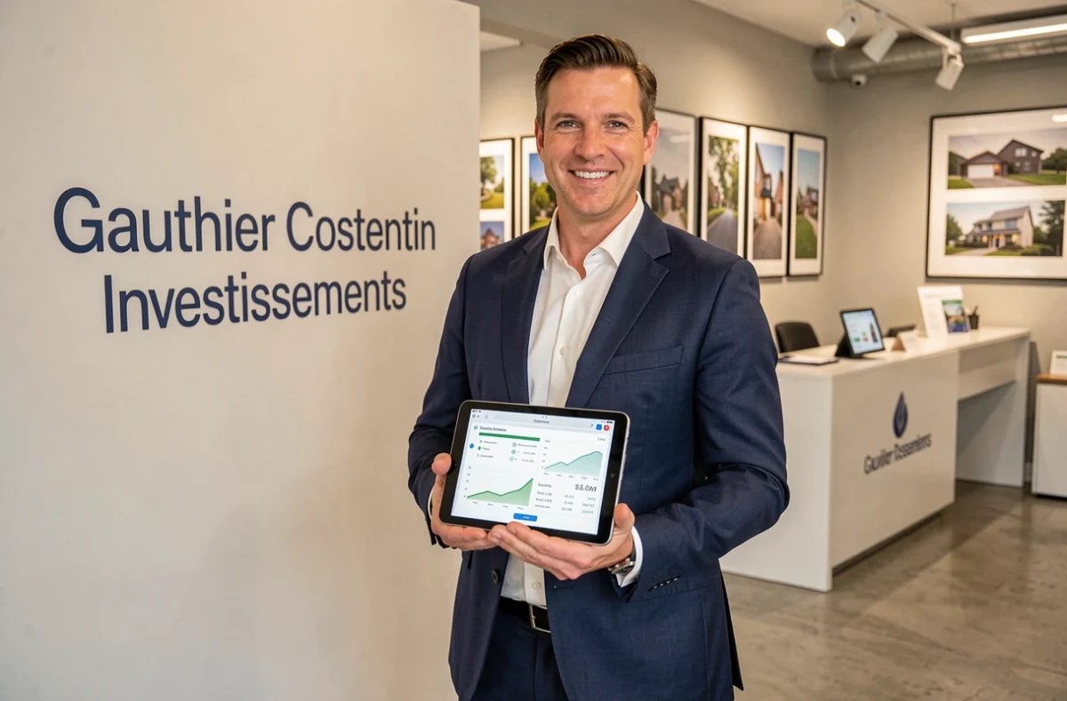 Consultant Gauthier Costentin Investissements tenant une tablette avec des analyses de rendement locatif dans une agence moderne