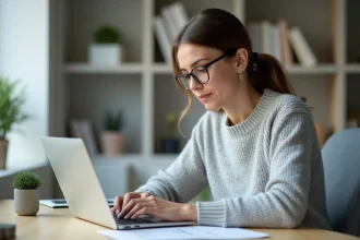 Femme gérant les alertes de son compte bancaire en ligne sur un ordinateur portable dans un bureau à domicile moderne