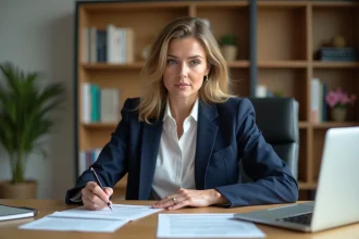 Femme gestionnaire d'assurances consultant des documents de sinistre dans un bureau à domicile moderne
