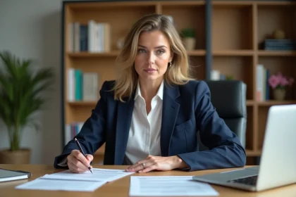Femme gestionnaire d'assurances consultant des documents de sinistre dans un bureau à domicile moderne