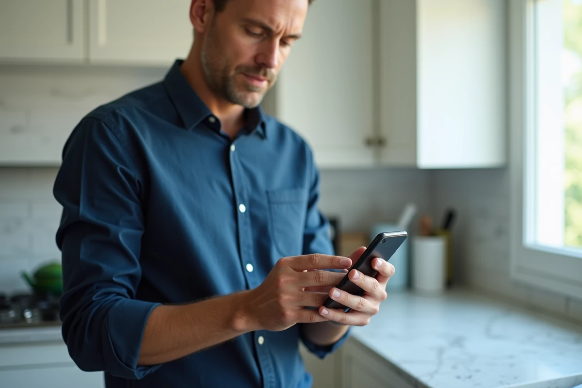 Homme gérant ses comptes bancaires depuis l'application mobile de sa banque dans une cuisine moderne
