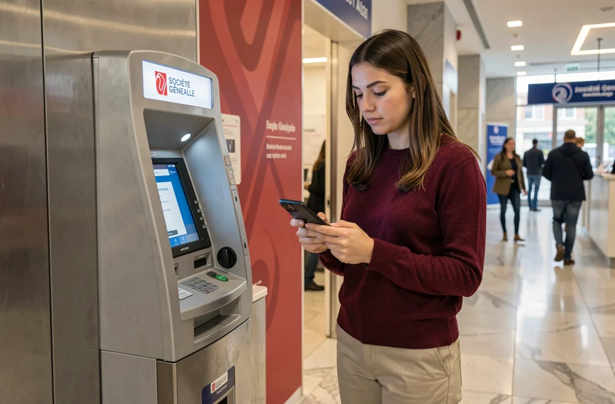 Jeune femme vérifiant son compte Société Générale sur smartphone devant un distributeur automatique