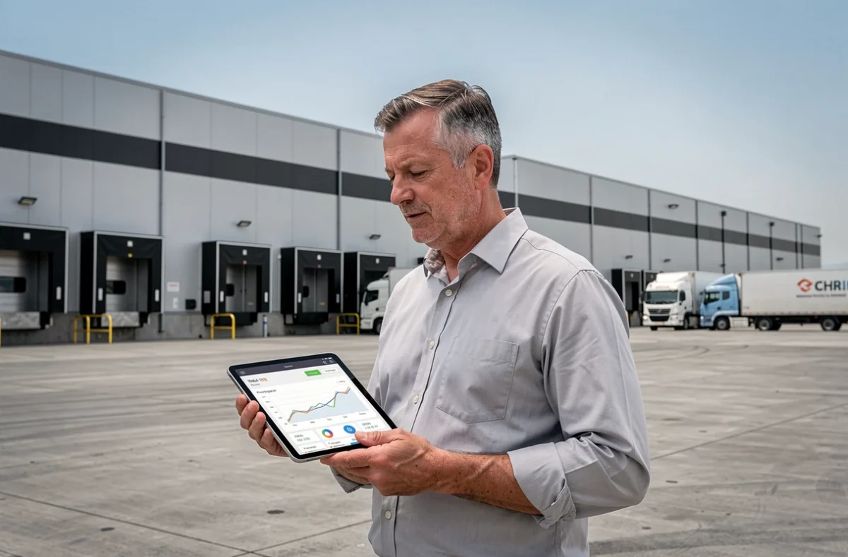 Gestionnaire immobilier devant un entrepôt logistique représentant les actifs de la SCPI Activimmo
