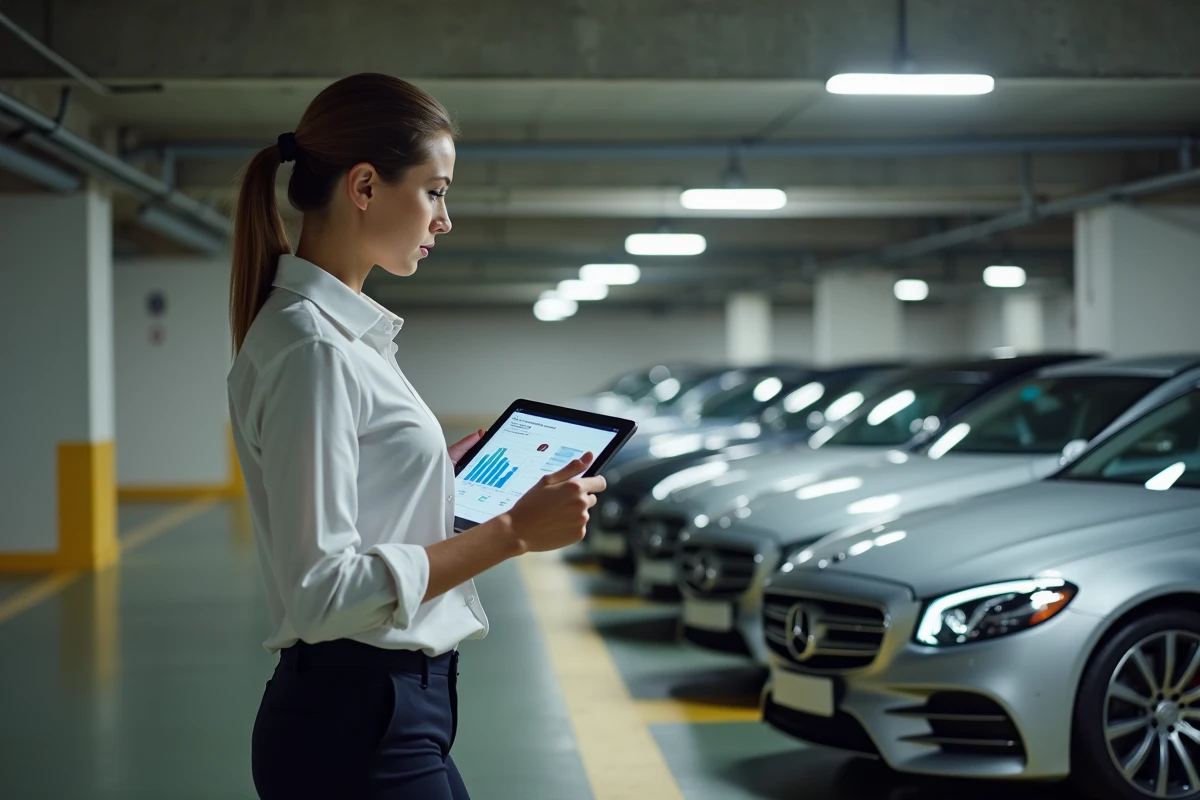 Gestionnaire de flotte debout dans un parking souterrain d'entreprise consultant un tableau de bord TVS sur tablette