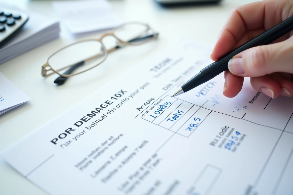 Gros plan d'un formulaire de déclaration d'impôts français avec stylo et calculatrice, montrant le remplissage de la case 7DB en 2026