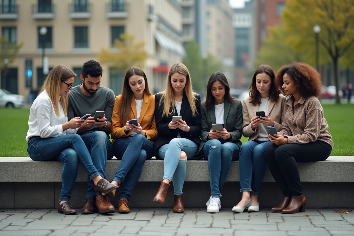 Groupe de personnes discutant dans un parc urbain
