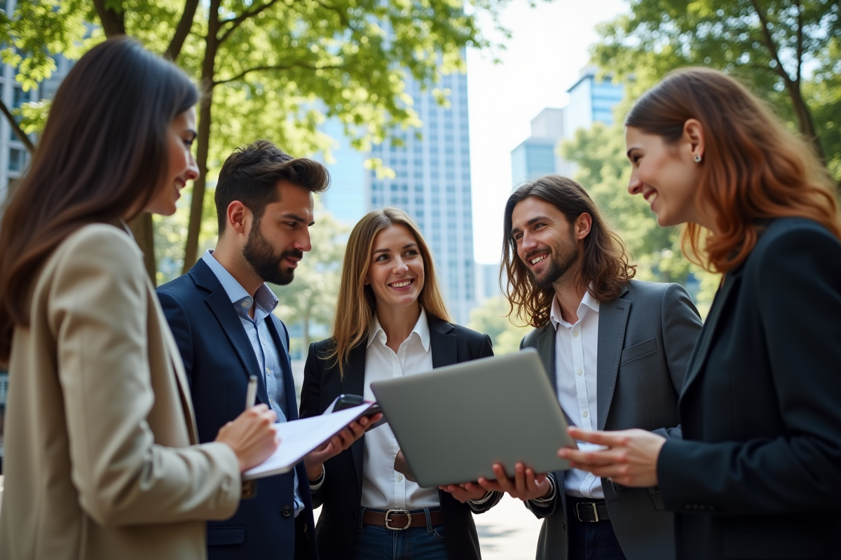 Groupe de jeunes professionnels discutant de Solana en plein air dans un parc urbain