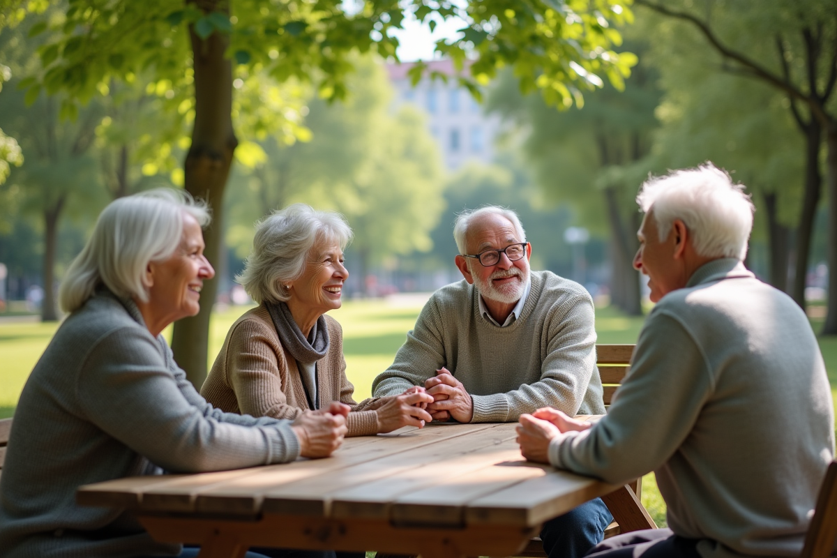 Groupe de retraités discutant dans un parc en plein air