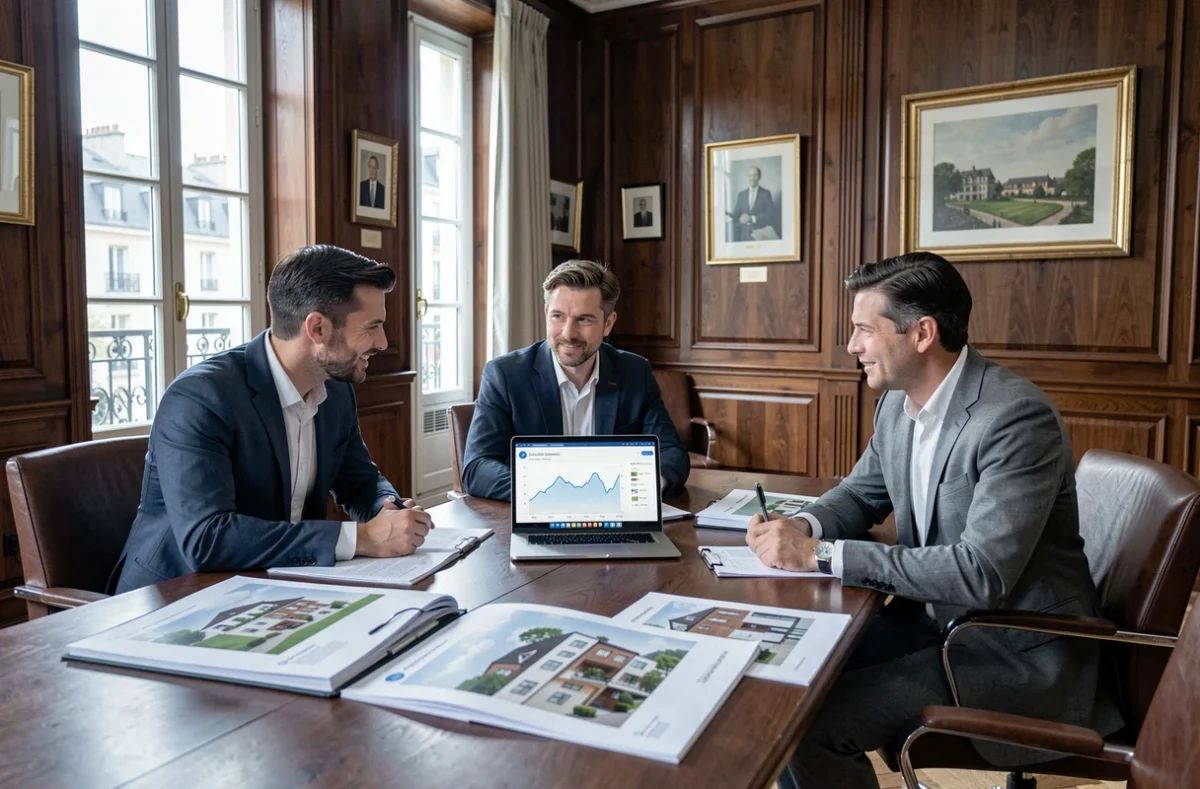 Équipe du Groupe Saint Germain en réunion autour d'une table avec des dossiers d'investissement immobilier