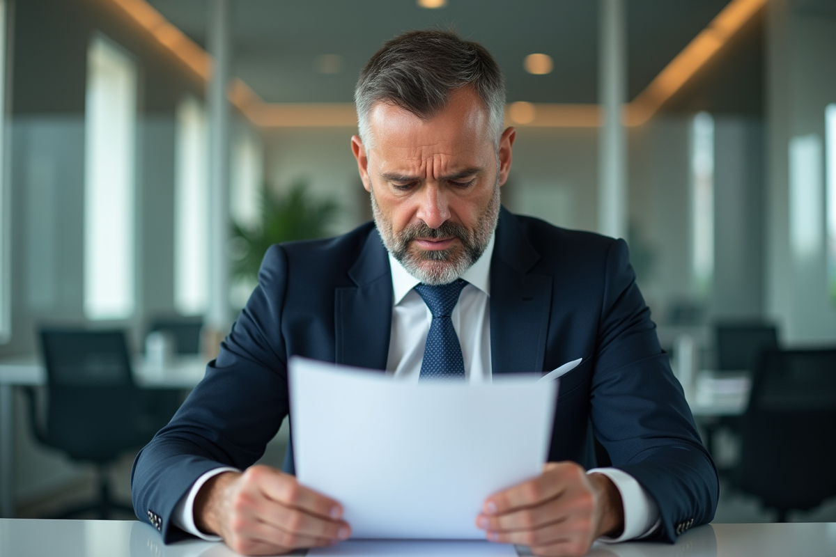 Homme d'affaires examinant un contrat dans un bureau professionnel