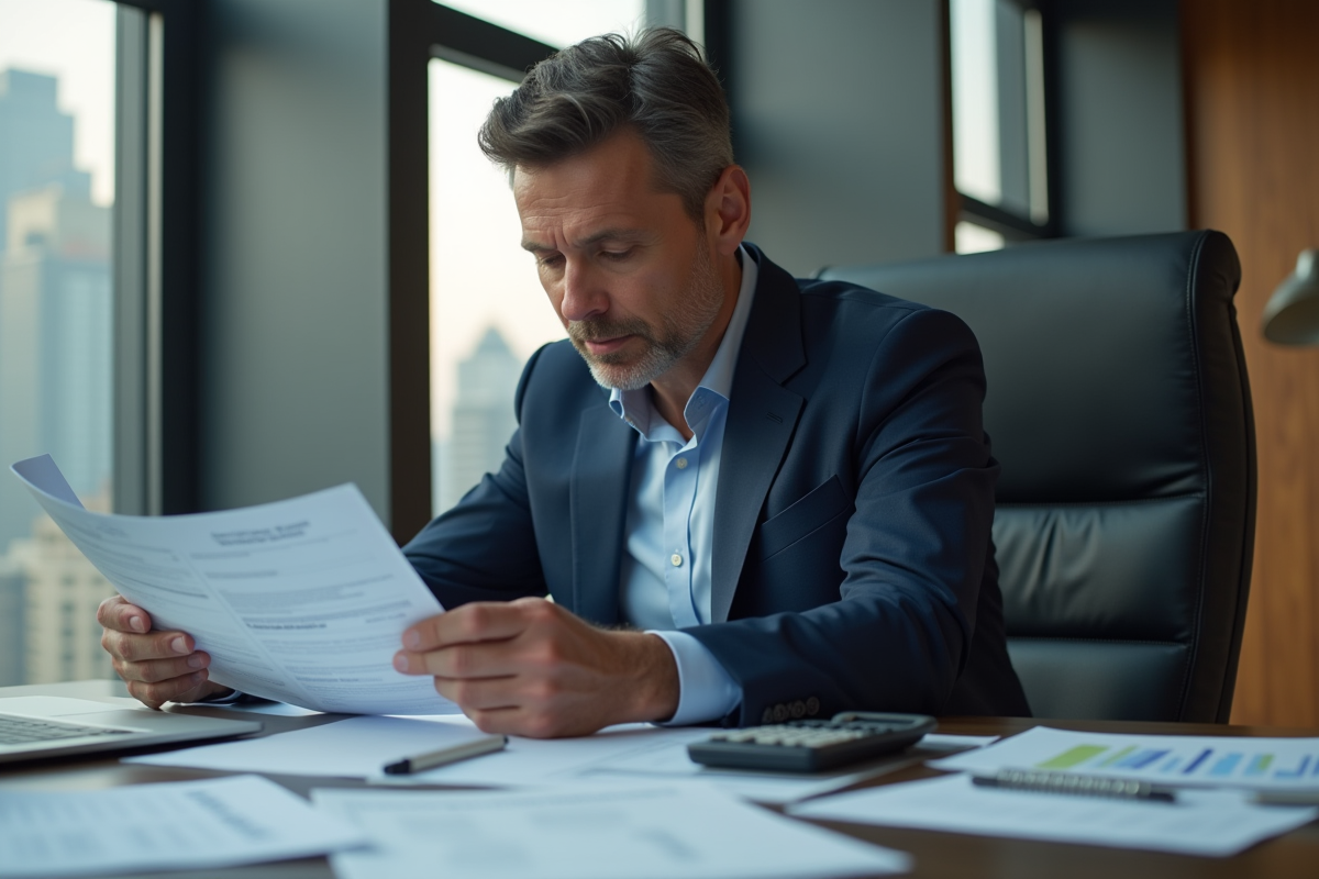 Homme d'affaires en costume analyse documents financiers