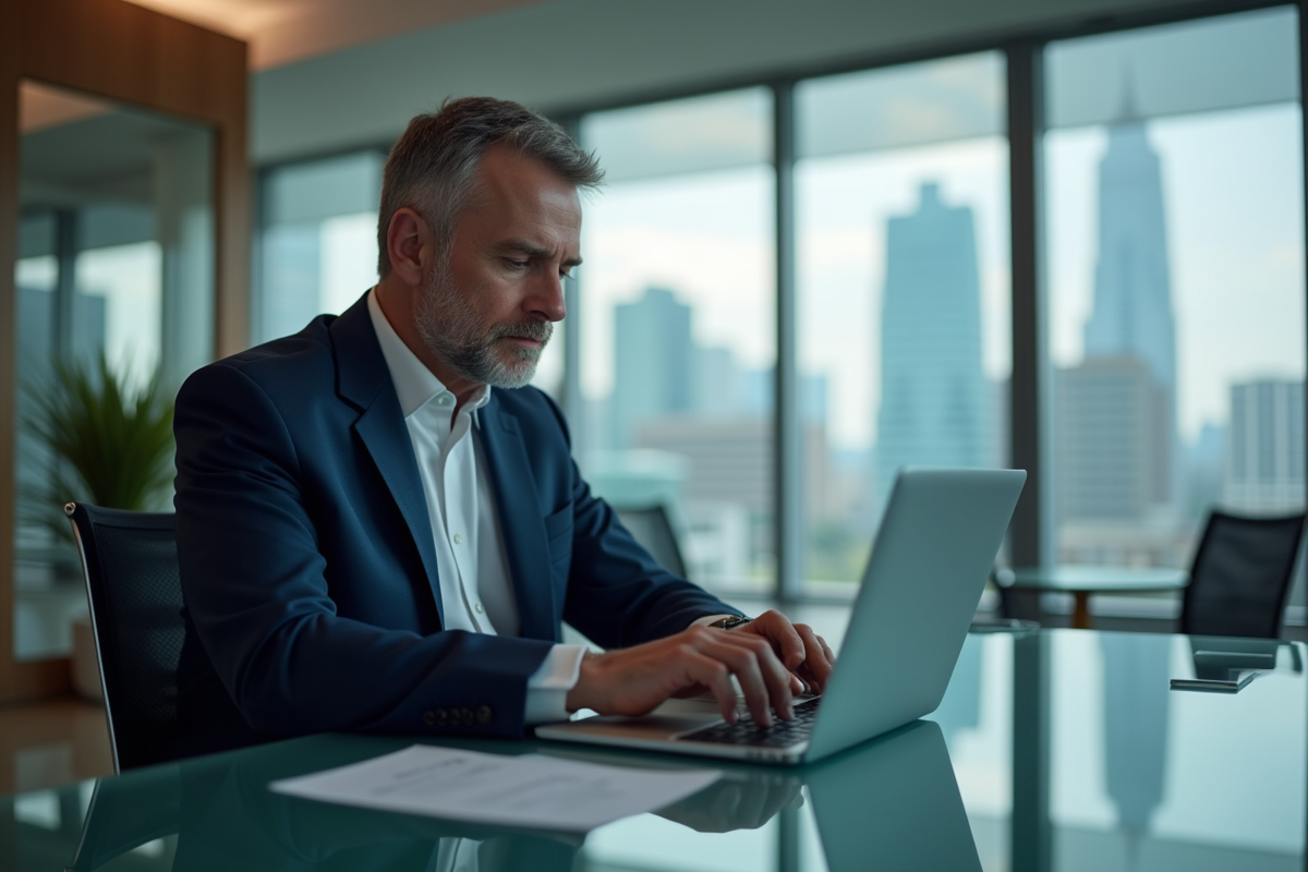Homme d'affaires en costume bleu travaillant sur un ordinateur