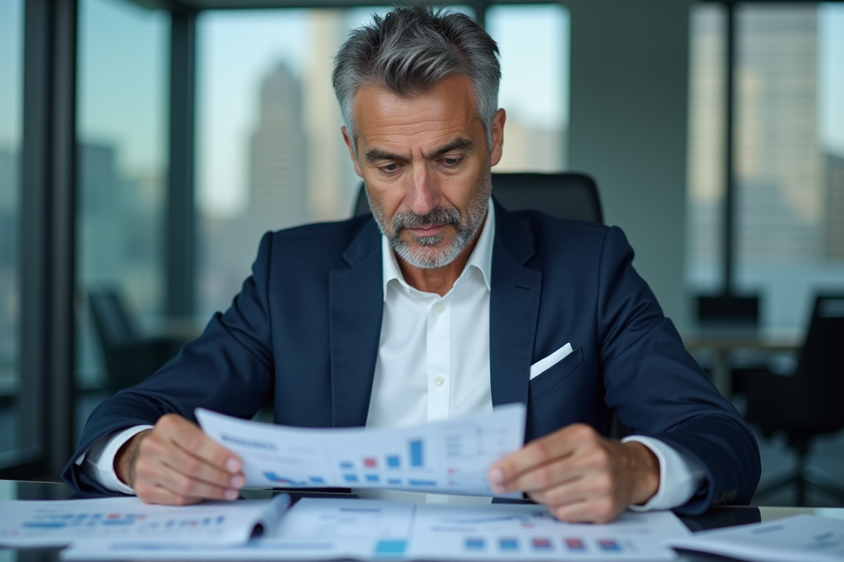 Homme d'affaires en blazer regardant des graphiques financiers