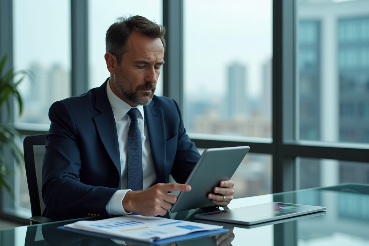 Homme d'affaires en costume analysant des graphiques financiers