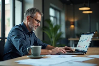 Homme d'affaires moyenâge assis analysant des rapports financiers