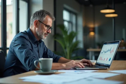 Homme d'affaires moyen&acirc;ge assis analysant des rapports financiers