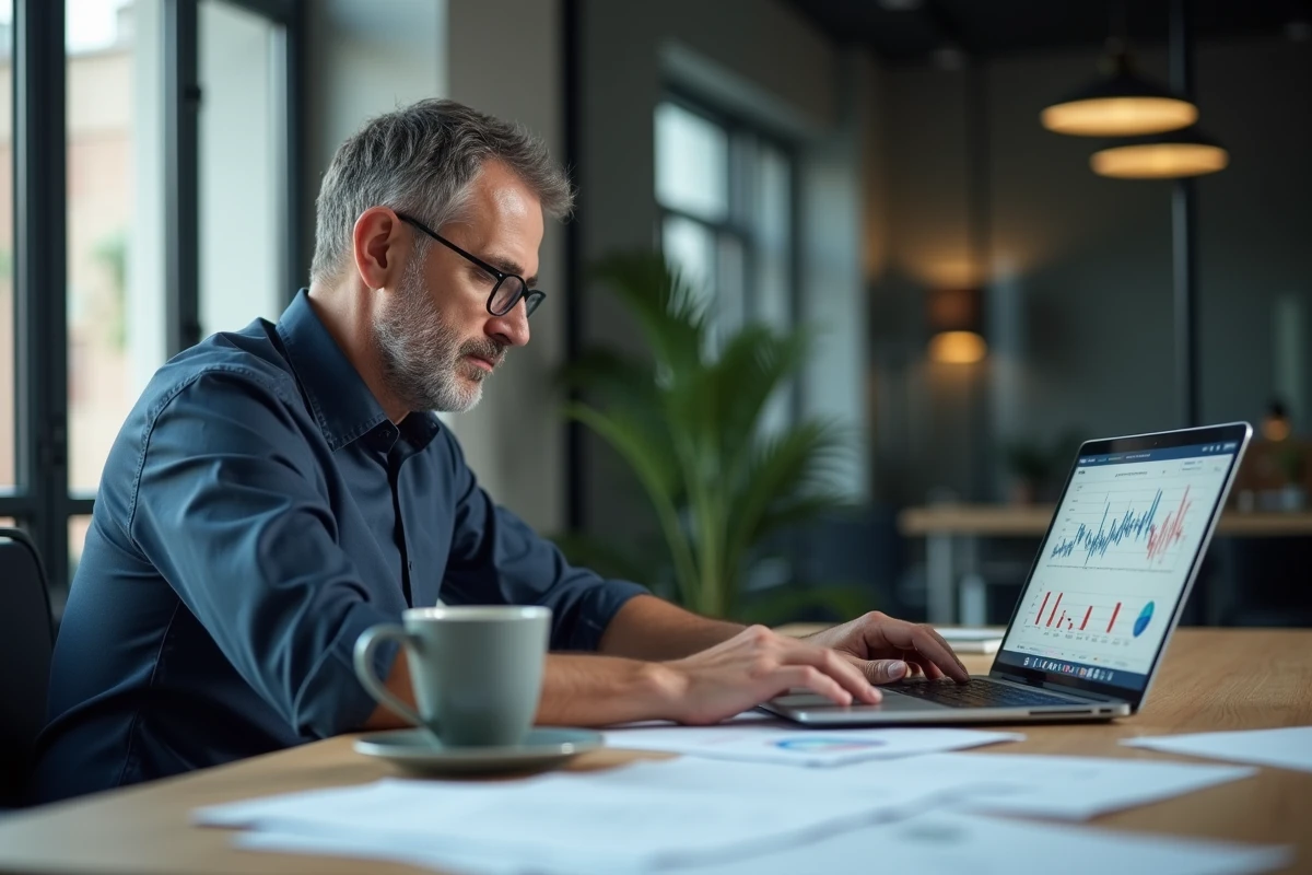 Homme d'affaires moyenâge assis analysant des rapports financiers