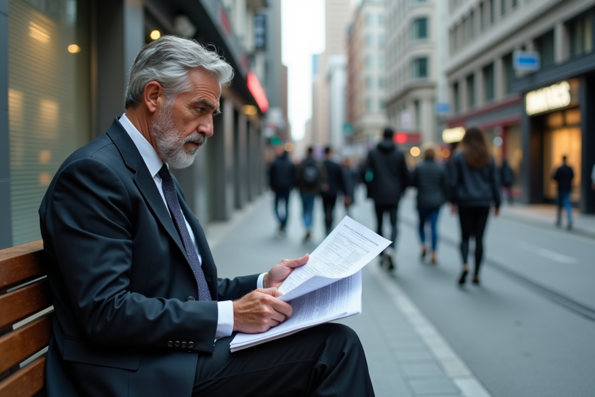 Homme d'affaires inquiet assis sur un banc en ville
