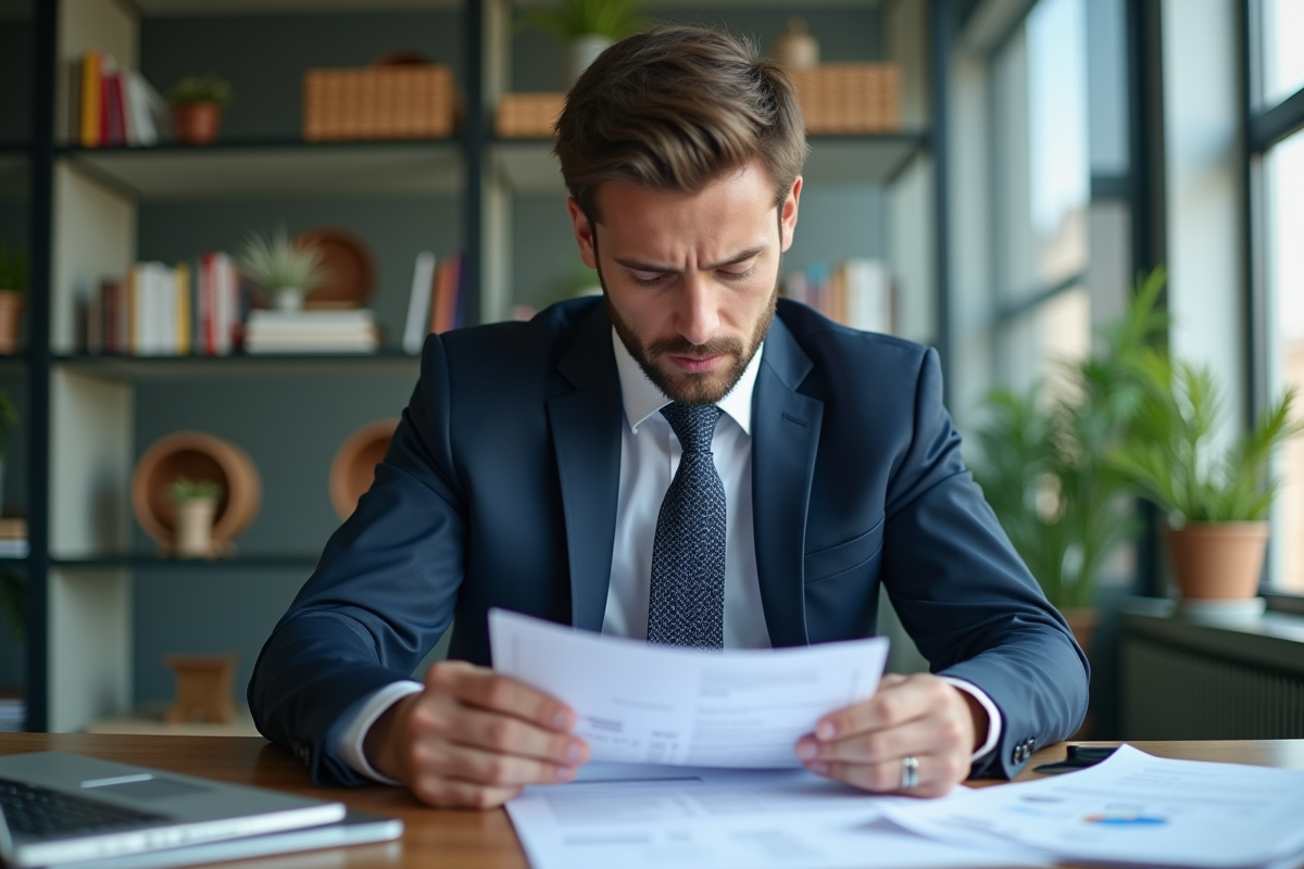 Homme d'affaires en costume lisant des documents financiers